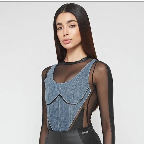 MANIÉRE DE VOIR DENIM CORSET MESH BODYSUIT - Picture 1 of 13
